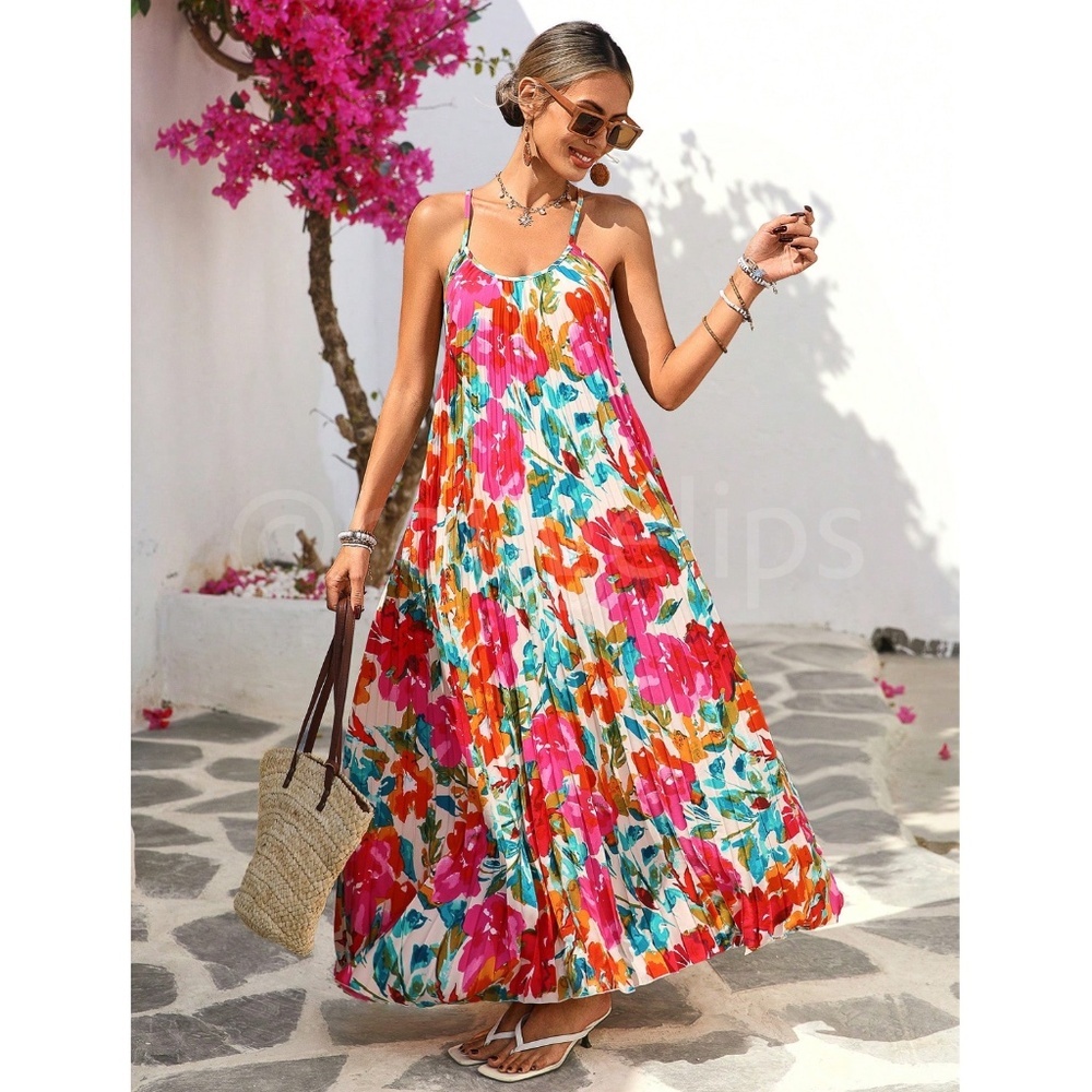 Bright Floral Multicolor Tropical Pleated Maxi Flared Dress - Picture 3 of 8